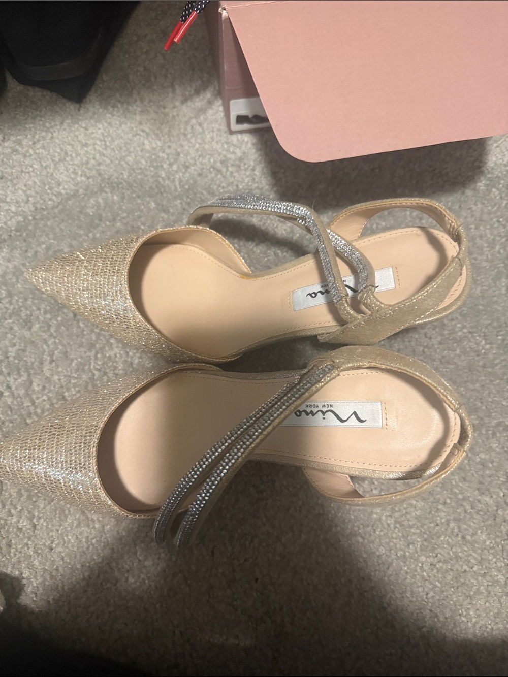 MIA Champagne Gold Pointed Slingback Heels with Rhinestone Straps